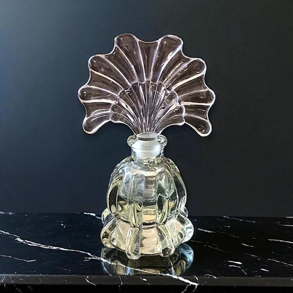 Art Deco Perfume Bottle Heavy Pressed Glass Fan Shaped Stopper Victorian FLAW - Picture 12 of 16